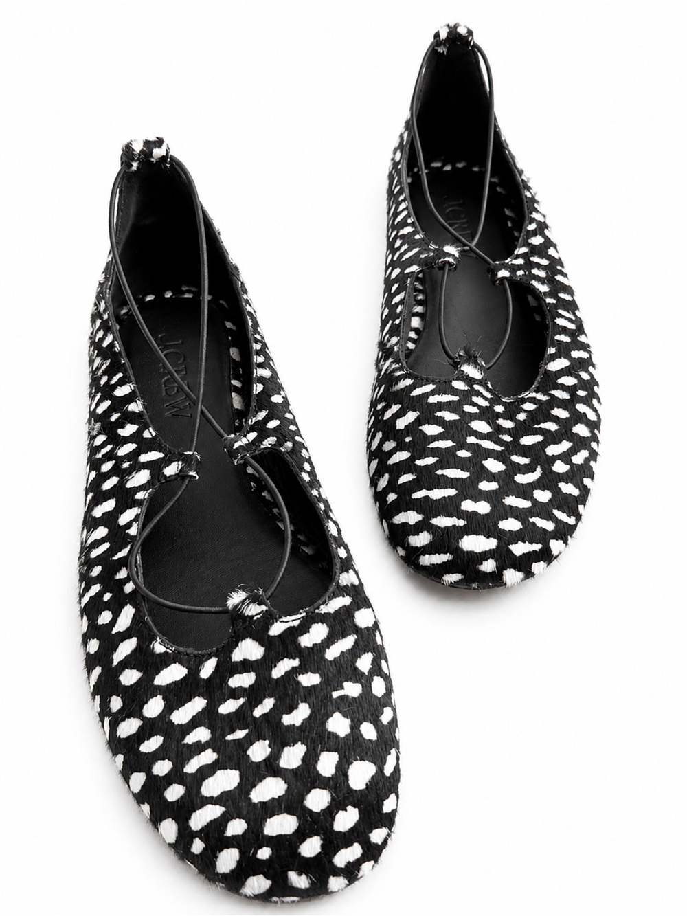 J Crew Andi strappy ballet flats in printed calf hair slip on shoes black white